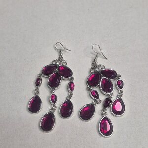 Silver-Tone Pink Teardrop Chandelier Earrings
